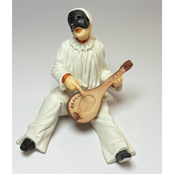 Capodimonte Porcelain Pulcinella Black Masked Figurine Playing Mandolin Napoli